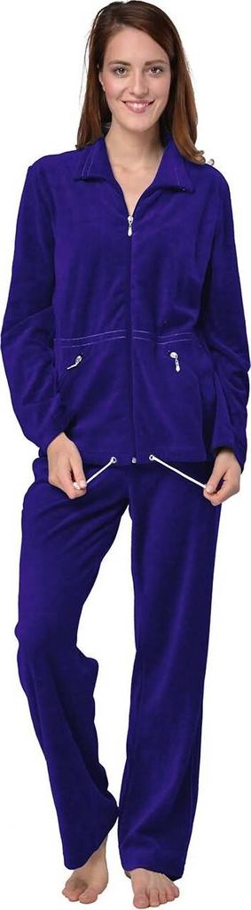 RAIKOU Damen Velours Hausanzug Freizeitanzug Schlafanzug Velours Nicki Trainingsanzug mit Reißverschluss Royal Blau 36/38