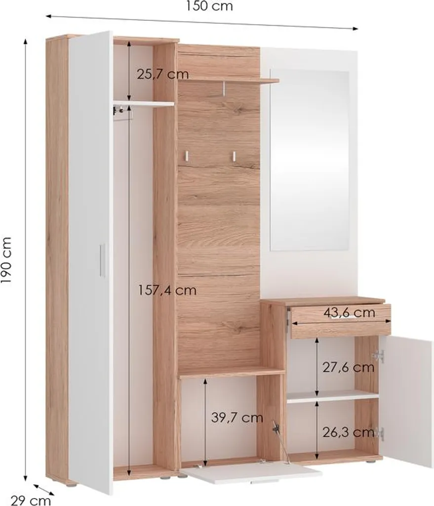 Garde-robe entrée Mia moderne en chêne - Rangement mural compact 190cm