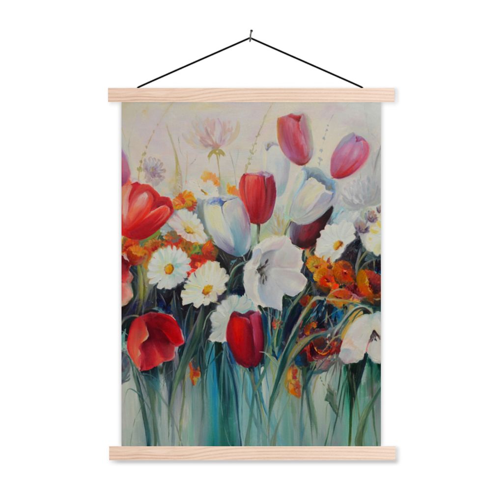 MuchoWow Textilposter Malerei - Ölgemälde - Blumen 120x160 cm mit holzfarbenen Rahmen - Plakatkarton