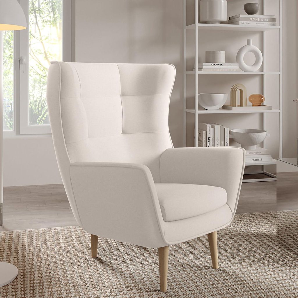 Sessel Franco Polstersessel, Einzelsessel mit Rückenlehne für Wohnzimmer und Esszimmer, bequemer Sessel, naturfarbene Holzbeine – Stoff Castel 03