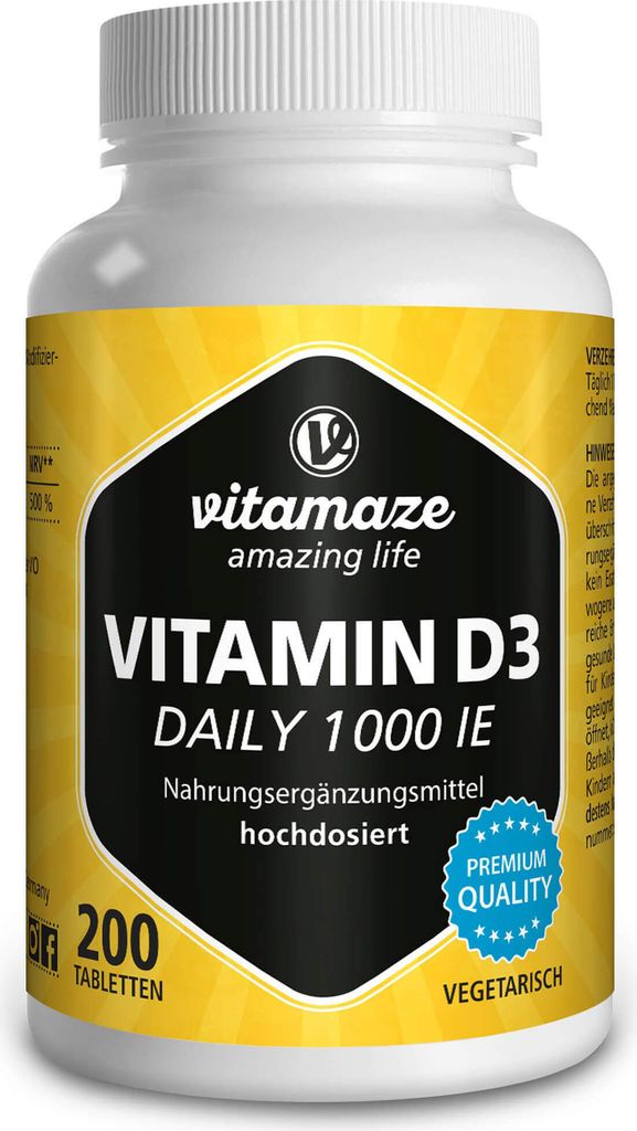Vitamin D3 1.000 IE Daily hochdosiert, 200 vegetarische Tabletten