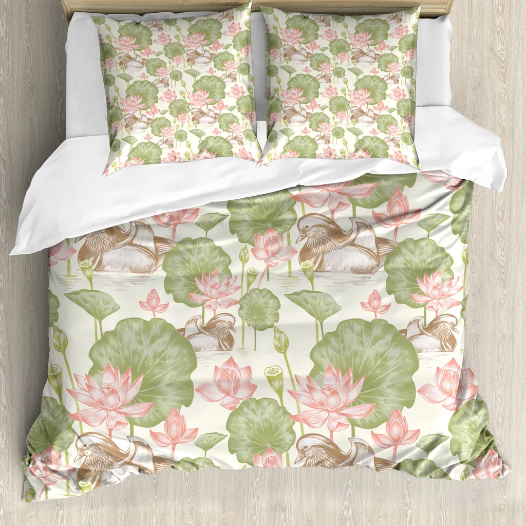 ABAKUHAUS Copripiumino con paperelle di gomma, Lotus Flower Pond Lily, antiacaro, adatto a chi soffre di allergie, con federe, 155 cm x 220 cm - 80 x 80 cm, rosa, verde e bianco