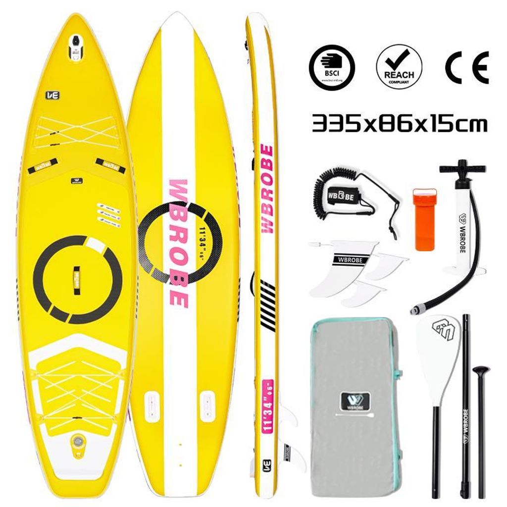 WaveRite SUP Board 335cm aufblasbar, Stand Up Paddle mit Fußpedal, bis 200 kg, Ultra leicht, für 1-2 Personen, Touring Allround Paddleboard Gelb