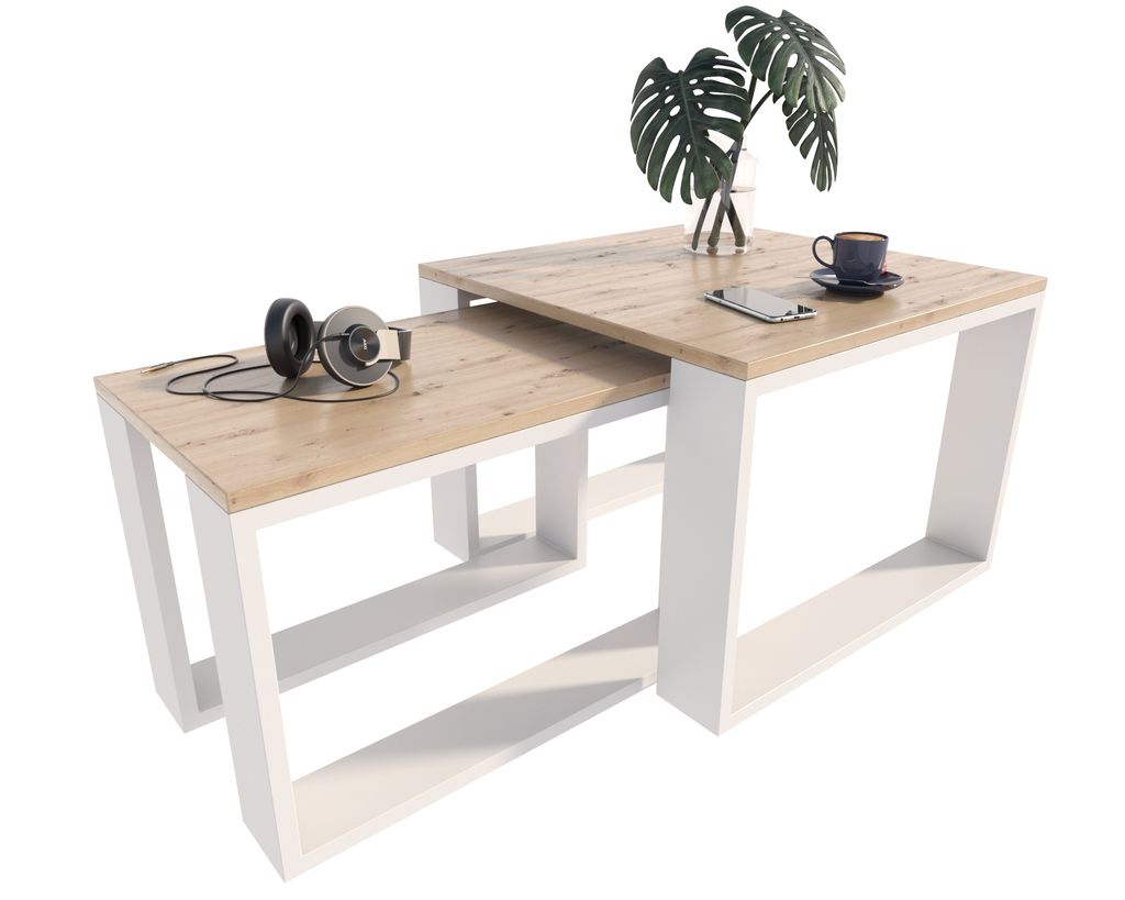 A set of two nesting coffee tables with wooden tops and white frames, displayed on a white background.