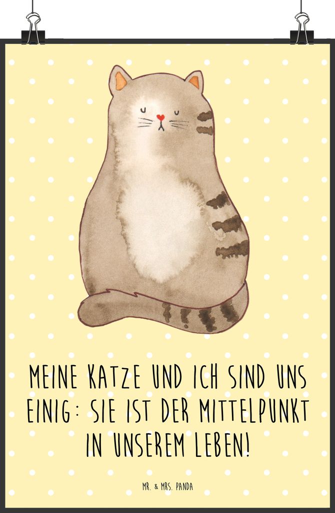 Mr. & Mrs. Panda Bild Katze Sitzen DIN A2 - Gelb Pastell - Geschenk, Wandbild, Familie, drucke, Cats, Katzen, Kunstdruck, wanddeko, Cat, Plakat