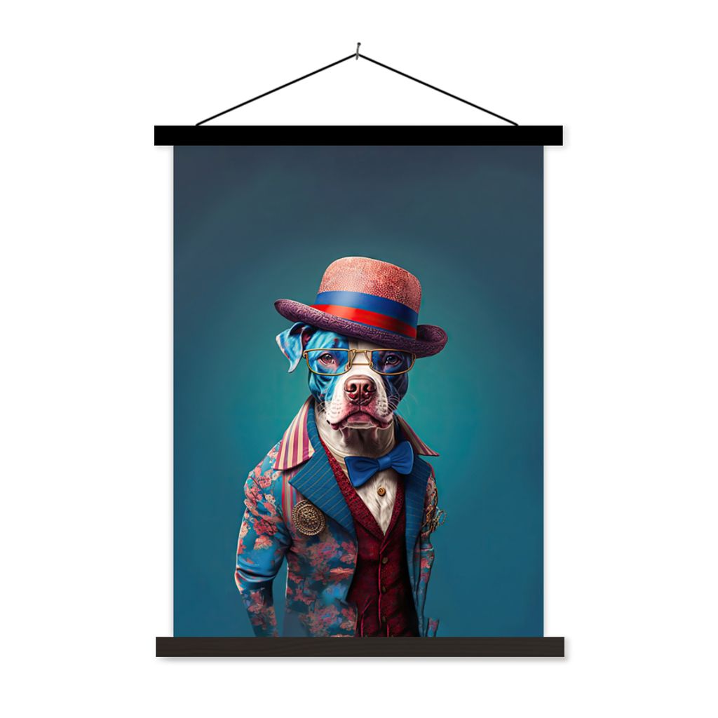 MuchoWow Textilposter Hund - Hut - Jacke - Blumen - Blau 40x53 cm mit schwarzem Rahmen - Abbildung