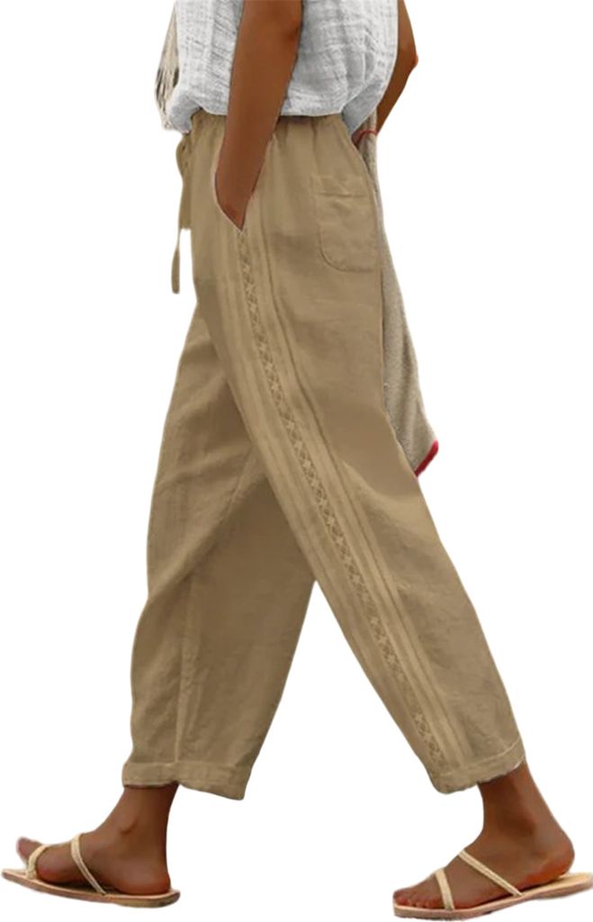 ASKSA Damen Leinenhosen 7/8 Sommer Leicht Leinen Baggy Hosen Freizeithose mit Taschen, Kamel, Groesse: L