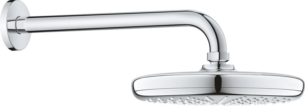 A chrome shower head and arm mounted on a wall.