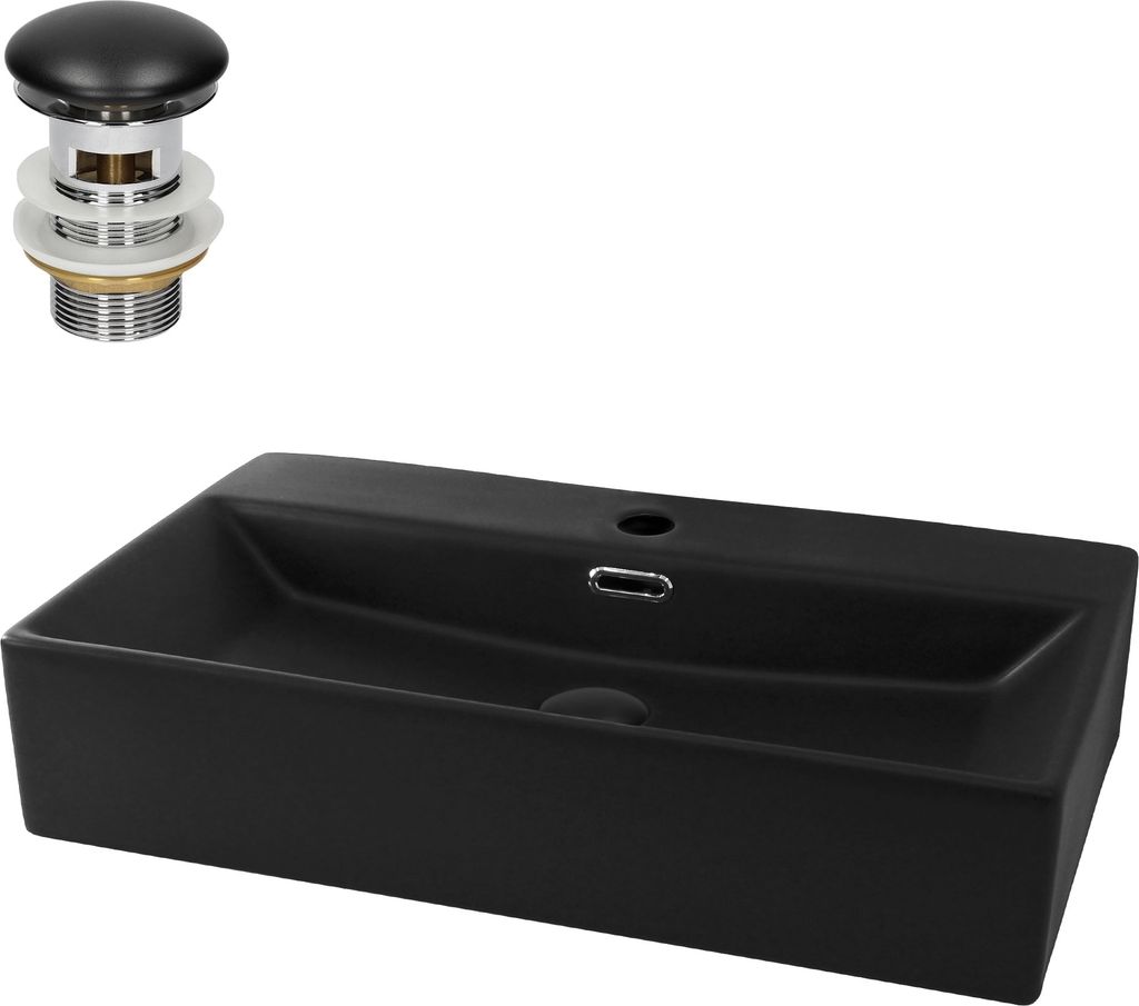 A black ceramic sink and a drain assembly are shown against a white background.