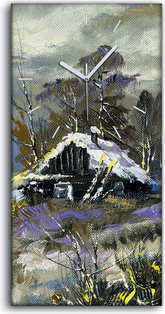Wanduhr Bürouhr Leinwand Bild Geräuschlos 30x60 Haus im Wald Winter Landschaft - weiße Hände