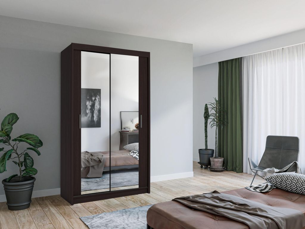 Krudox LUX Wenge Schiebetürenschrank Kleiderschrank 100x216x62 cm mit Spiegel - Schlafzimmermöbel – Mehrzweckschrank mit 2 Kleiderstangen