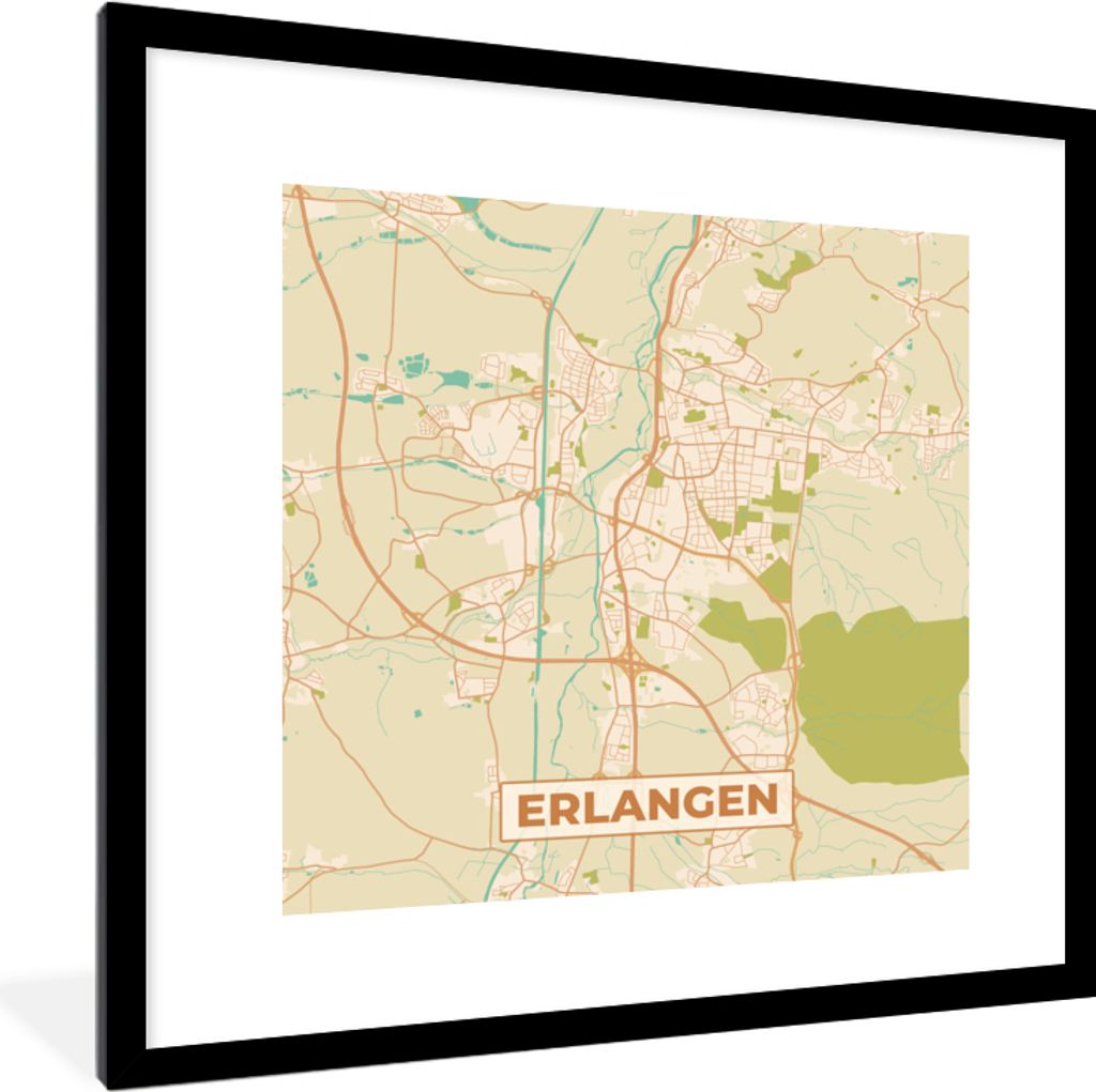 MuchoWow Gerahmtes Poster Karte - Erlangen - Vintage - Stadtplan 40x40 cm - Poster mit Schwarzem Bilderrahmen Wandposter Rahmen Foto Bilder - Pos...