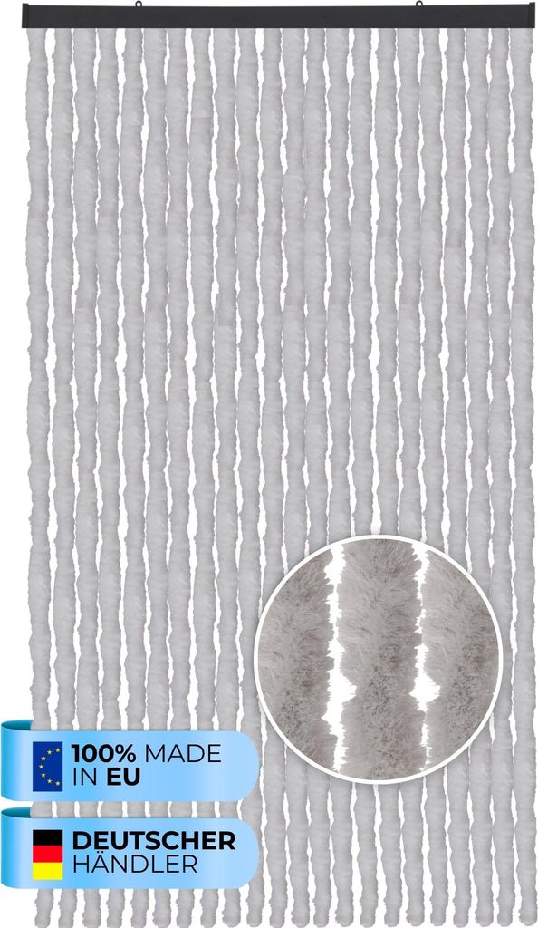 Flauschvorhang (100x220 cm) Türvorhang "Grau" als Insektenschutz für Balkon, Terrasse oder Wohnmobil, Wohnwagen, Pavillon
