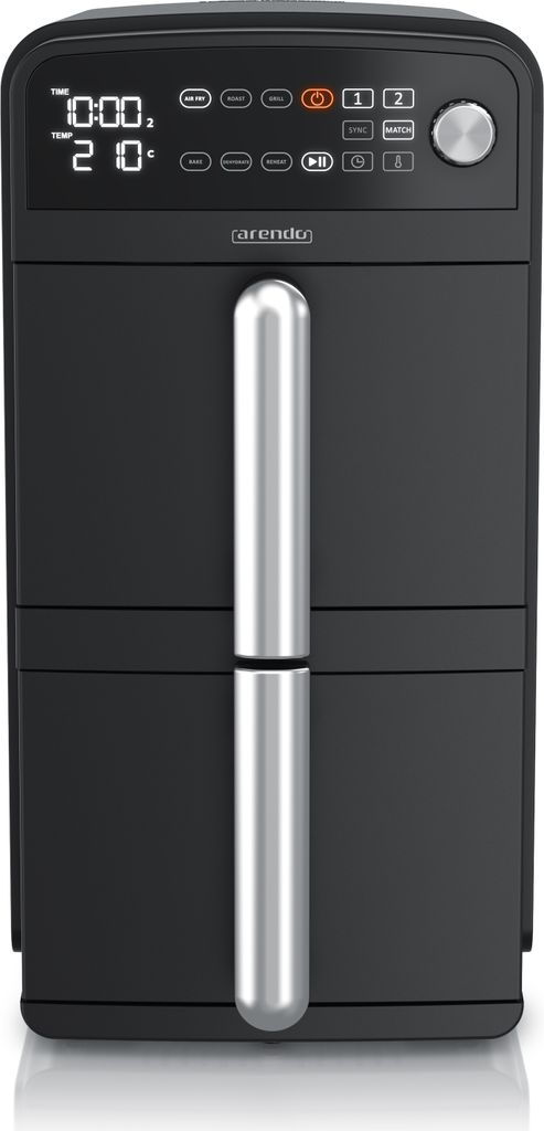 A front view of a black Arendo air fryer with a silver handle and a digital display.