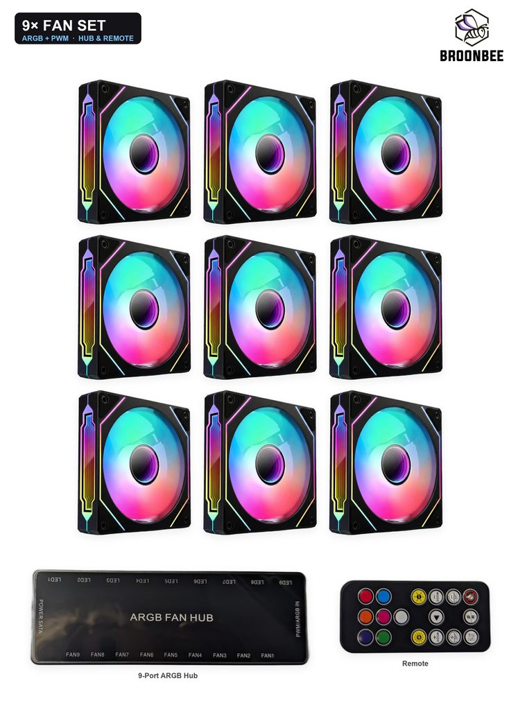 BROONBEE 9x ARGB PWM Gehäuselüfter 120mm Set Schwarz mit ARGB Controller & Fernbedienung – RGB Lüfter, adressierbar 5V 3-Pin Fan
