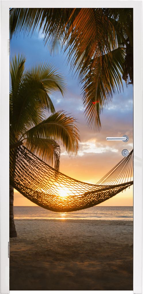 MuchoWow Türtapete Selbstklebende Türfolie Sonnenuntergang - Hängematte - Palme 90x205 cm Türposter Türaufkleber Türklebefolie - Türaufkle...