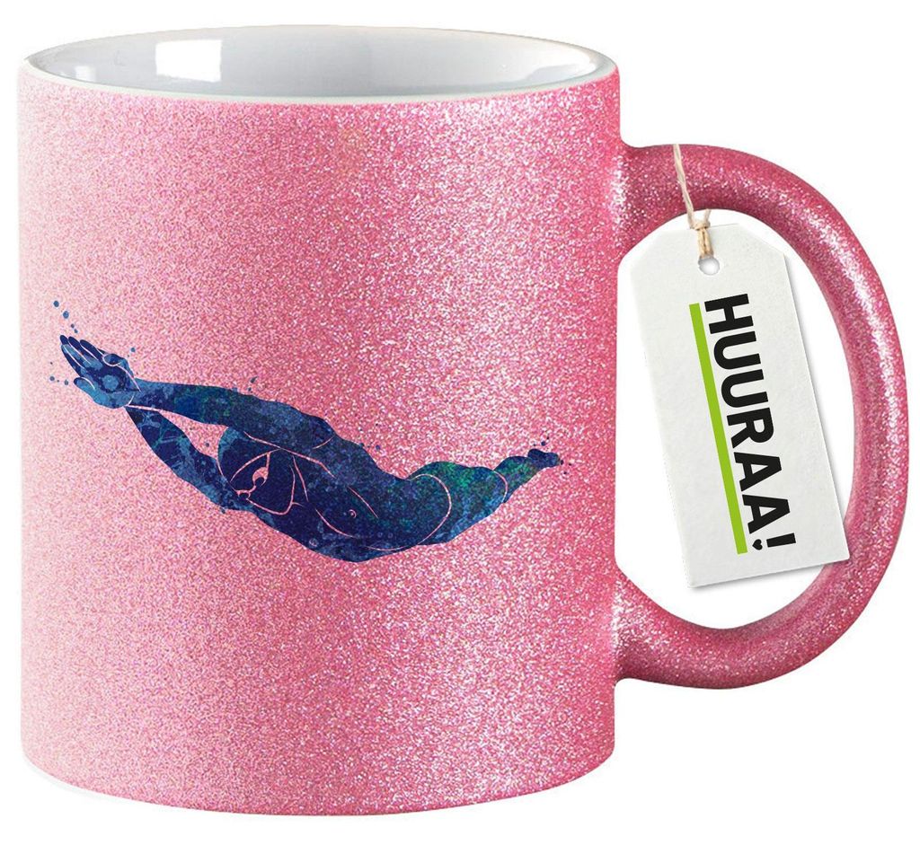 Huuraa Glitzertasse Schwimmen bunte Silhouette 330ml Pink Keramik Kaffeebecher Geschenkidee