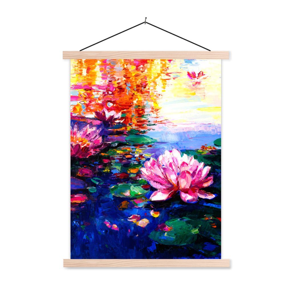 MuchoWow Textilposter Gemälde - Öl - Seerose - Wasser 40x53 cm mit holzfarbenen Rahmen - Schlafzimmer