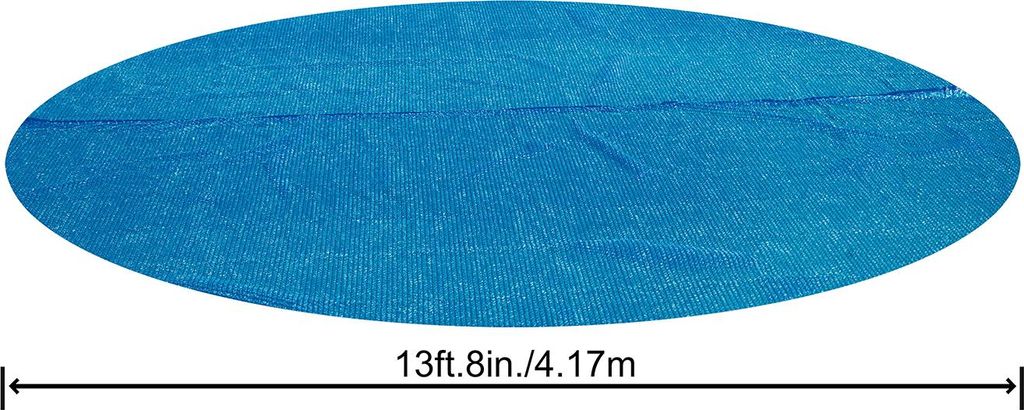 A blue, oval-shaped solar pool cover is shown laid flat against a white background. A measurement line indicates its diameter.