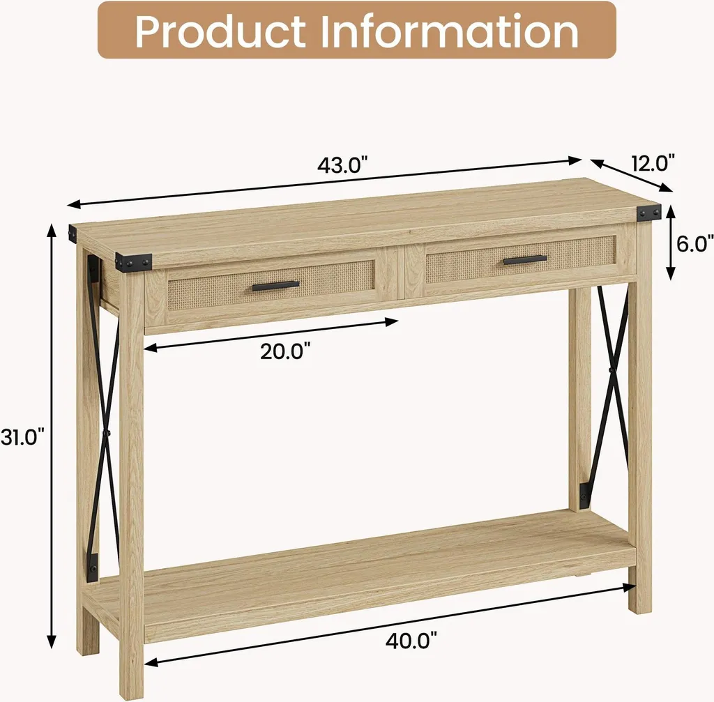 Console avec tiroirs en rotin et plateau aspect antique à 2 niveaux Buff - 2