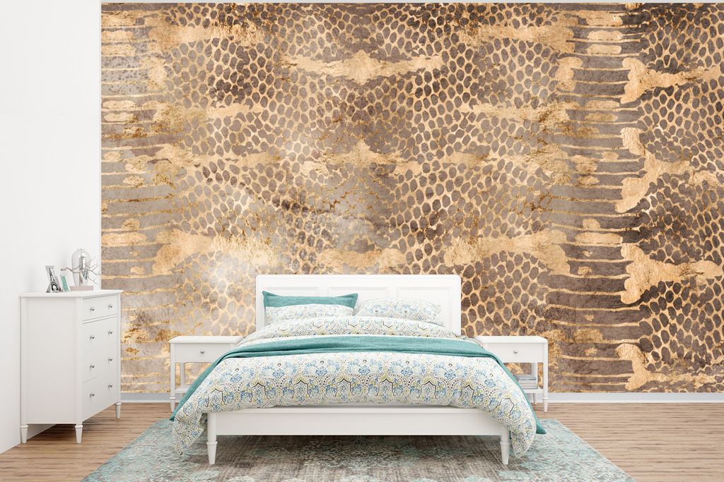 MuchoWow Fototapete für Wohnzimmer oder Schlafzimmer Wandtapete Vinyl Motivtapete Tiermuster - Schlange - Gold - Schick - 400x300 cm - Papiertap...