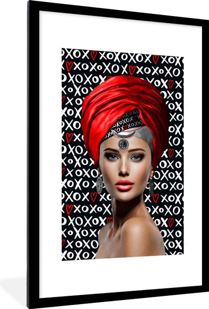 MuchoWow MuchoWow Gerahmtes Poster Frau - Muster - Rot 60x90 cm - Poster mit zchwarzem Bilderrahmen - Dekoration - Wandposter Wohnzimmer - Hoch...