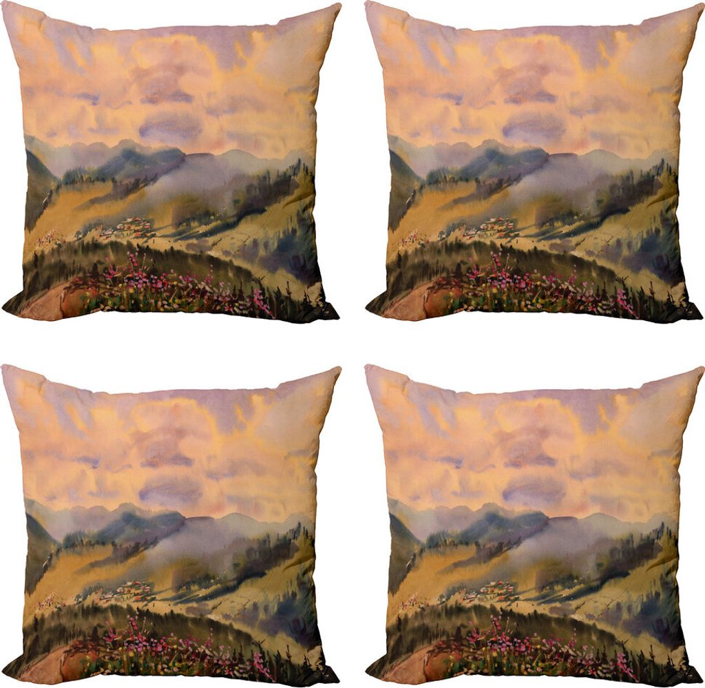 ABAKUHAUS Blumen-Landschaften Kissenbezug Set (4 Stück), Kunst Berg, Moderner Doppelseitiger Digitaldruck, 60 cm x 60 cm, Mehrfarbig