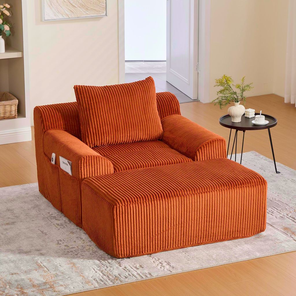 MODFU Sofasessel Relaxsofa mit Seitentaschen und Kissen,Loungesofa Steigbügeln,Lesesessel keine Montage,Sessel gepolstert ohne Knochen,Orange