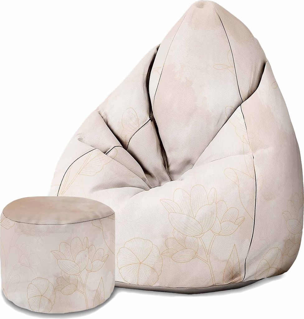 Dreamroots Bean Bag 80x80x120cm Sitzsack mit Lehne und Hocker und Bezug Sitzkissen Boden Sack Bubibag Sitzsack mit Füllung mit Boho Beige Flowers