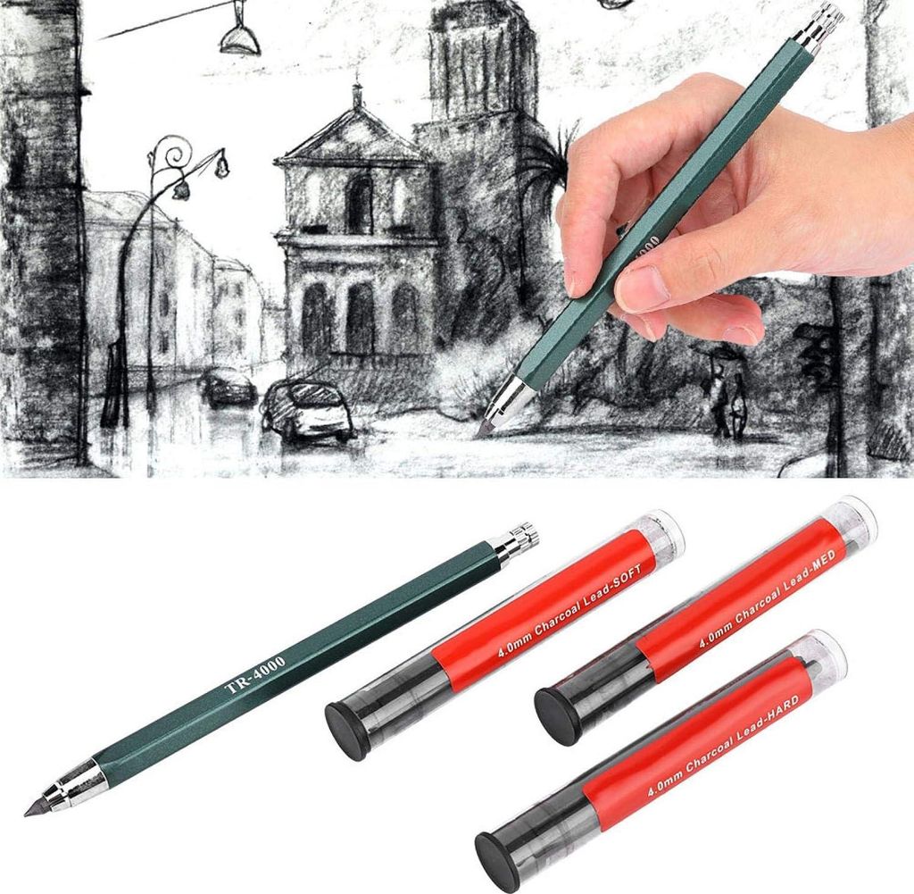 Mechanischer Bleistift - 3 Nachfüllpackungen 4,0 mm schwarze Minen - Konzeptzeichnung, Zimmermannsschreiben, Basteln, Kunstskizzen.