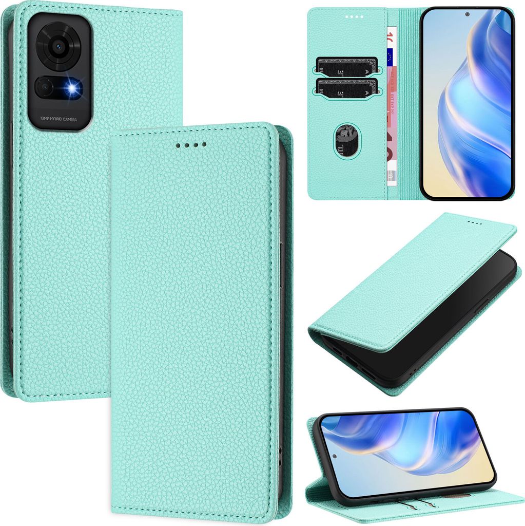 Litchi Leder Handyhülle für TCL 50 LE Wallet Kartenfächer Standfunktion Hülle Türkis