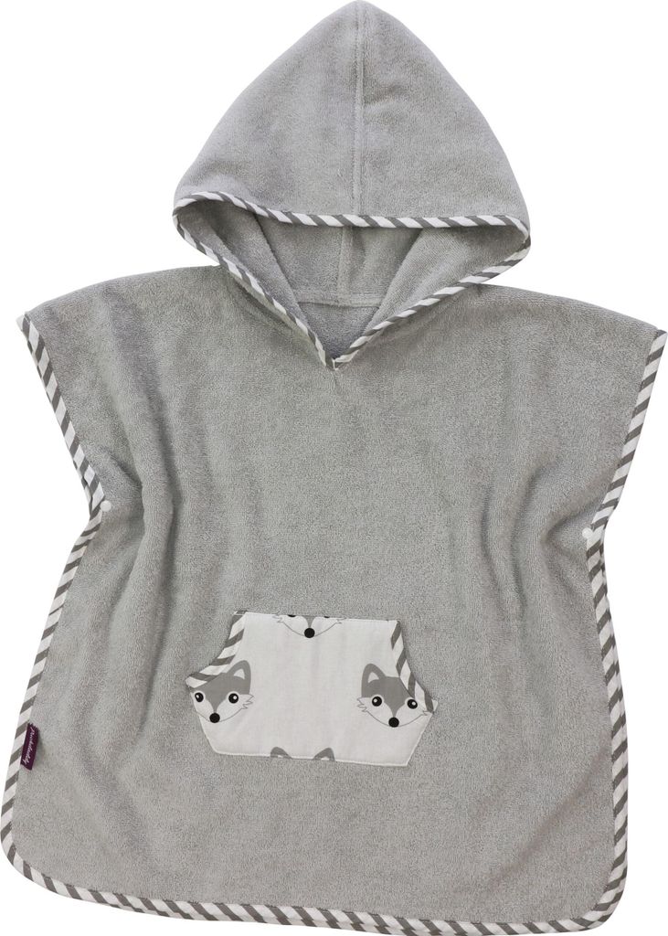 Puckdaddy Bade Poncho Foxi 57x84 cm Baby Poncho mit Kapuze Fuchs Muster in Grau