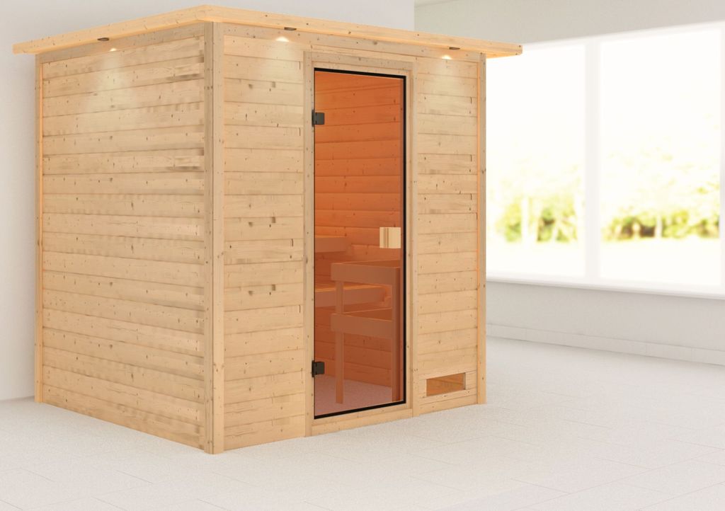 Karibu Sauna Innensauna Adelina Fronteinstieg ohne Zubehör 224x184x191 cm mit Dachkranz