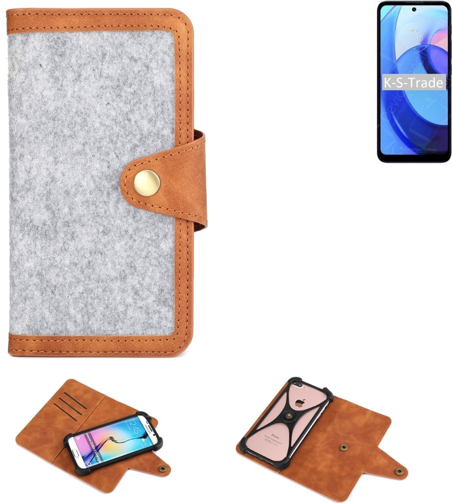 K-S-Trade Handyhülle kompatibel mit Motorola Moto E30 Schutzhülle Filz-Hülle Kunst-Leder hellgrau braun (1x)