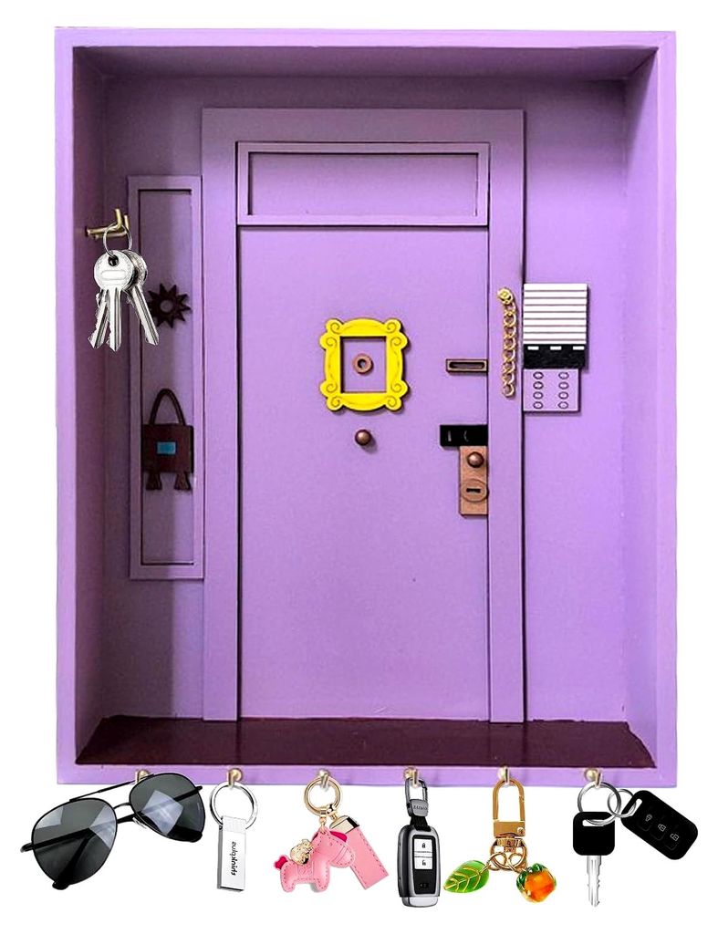 Schlüsselhalter inspiriert von Monicas Tür, 20,3×5×25,5 cm mit Ablage und 6 Haken für Eingangsbereich, Badezimmer, Wohnzimmer und Büro (Lila)