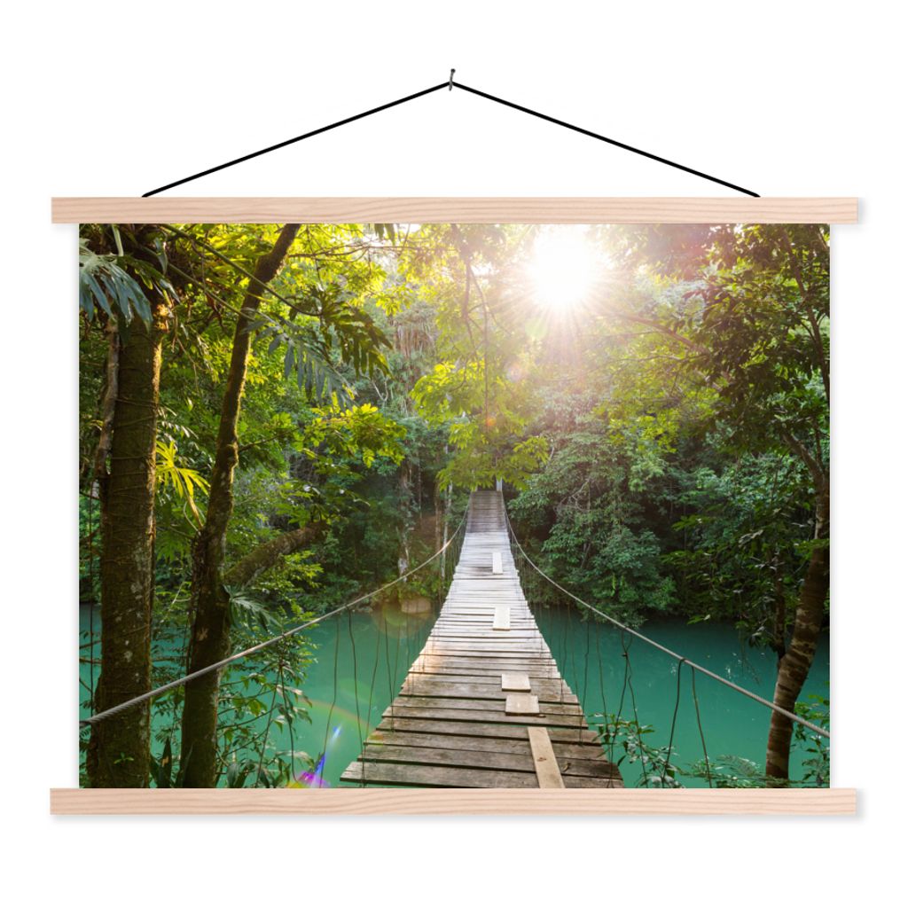 MuchoWow Textilposter Dschungel - Wasser - Brücke - Natur - Pflanzen 120x90 cm mit holzfarbenen Rahmen - Magnetisch