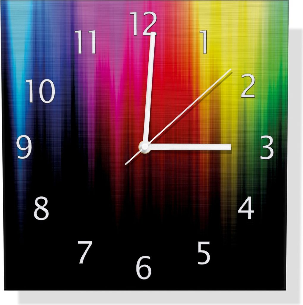 Wallario Design Wanduhr Bunte Regenbogenstreifen auf Schwarz aus Aluverbund, Größe 30 x 30 cm
