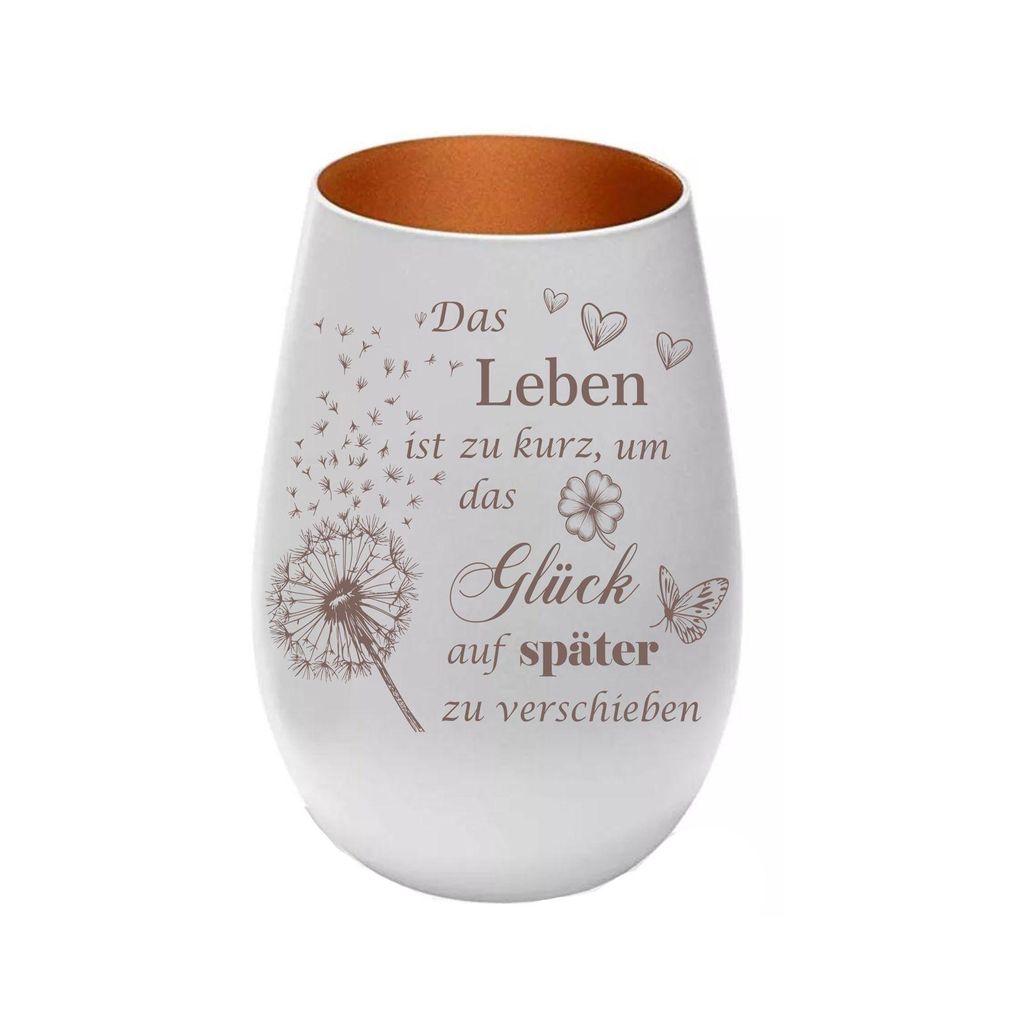 Stölzle Lausitz Windlicht aus Glas weiß bronze mit Lasergravur „Das Leben ist zu kurz...“, persönliches Geschenk für Freunde, Familie und P...