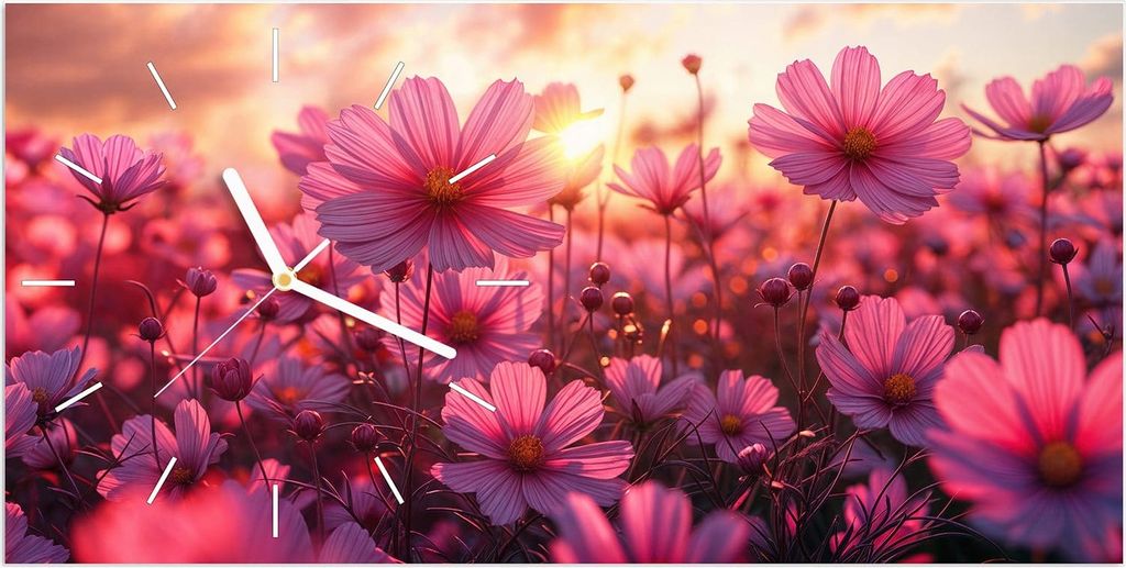 Wanduhr aus Glas mit Motiv Blumenfeld Sonnenuntergang- 60 x 30 cm - inkl. Aufhängesystem