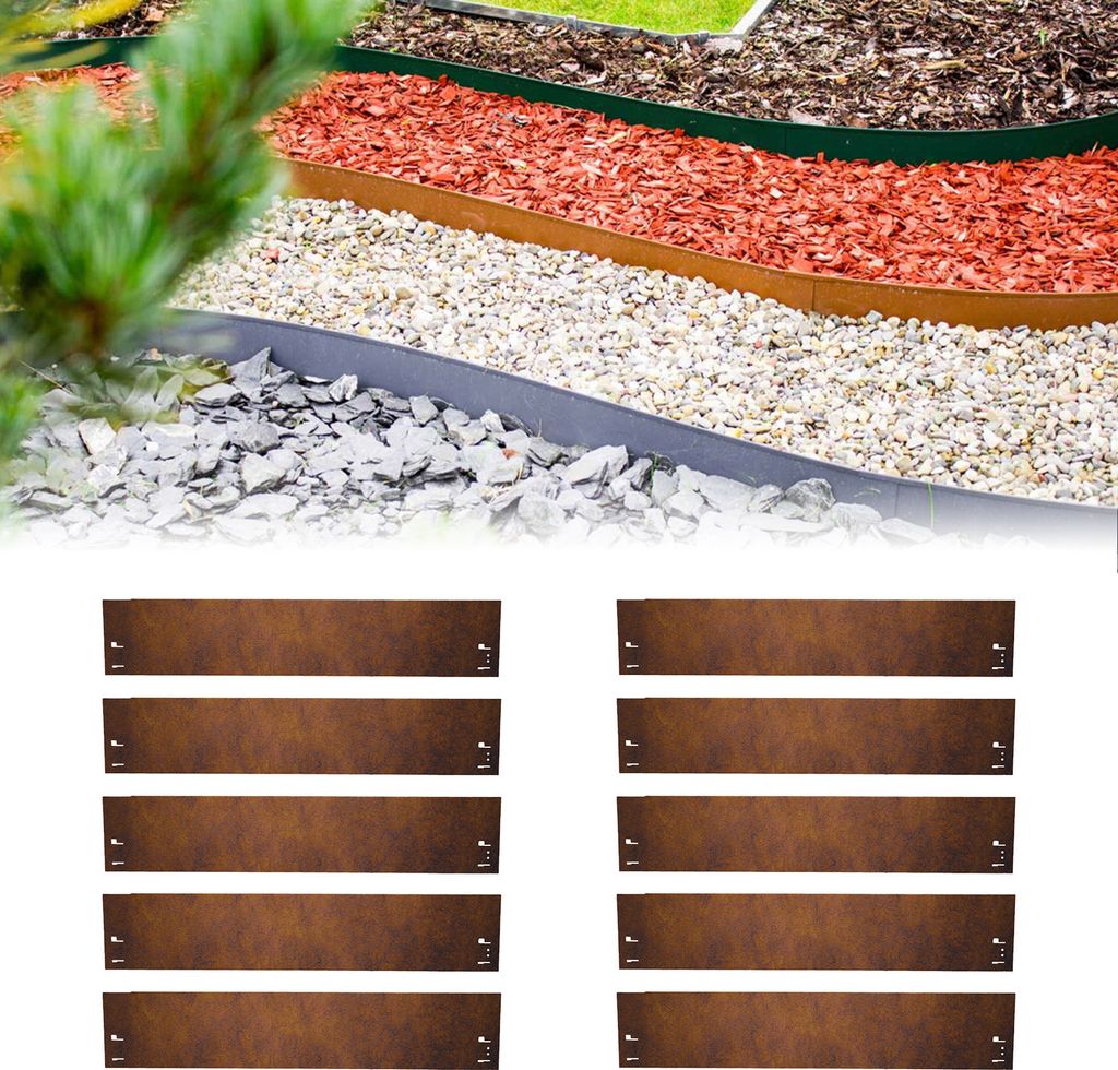 A garden landscaping scene with different types of mulch and stone borders, with a set of metal edging pieces displayed below.