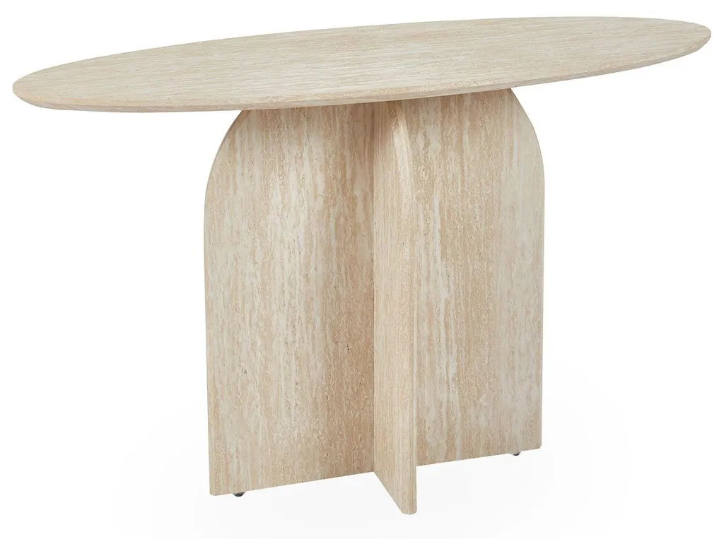 Console ovale 120cm beige effet travertin pour petits espaces