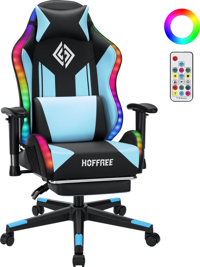 A gaming chair with LED lighting and a remote control.