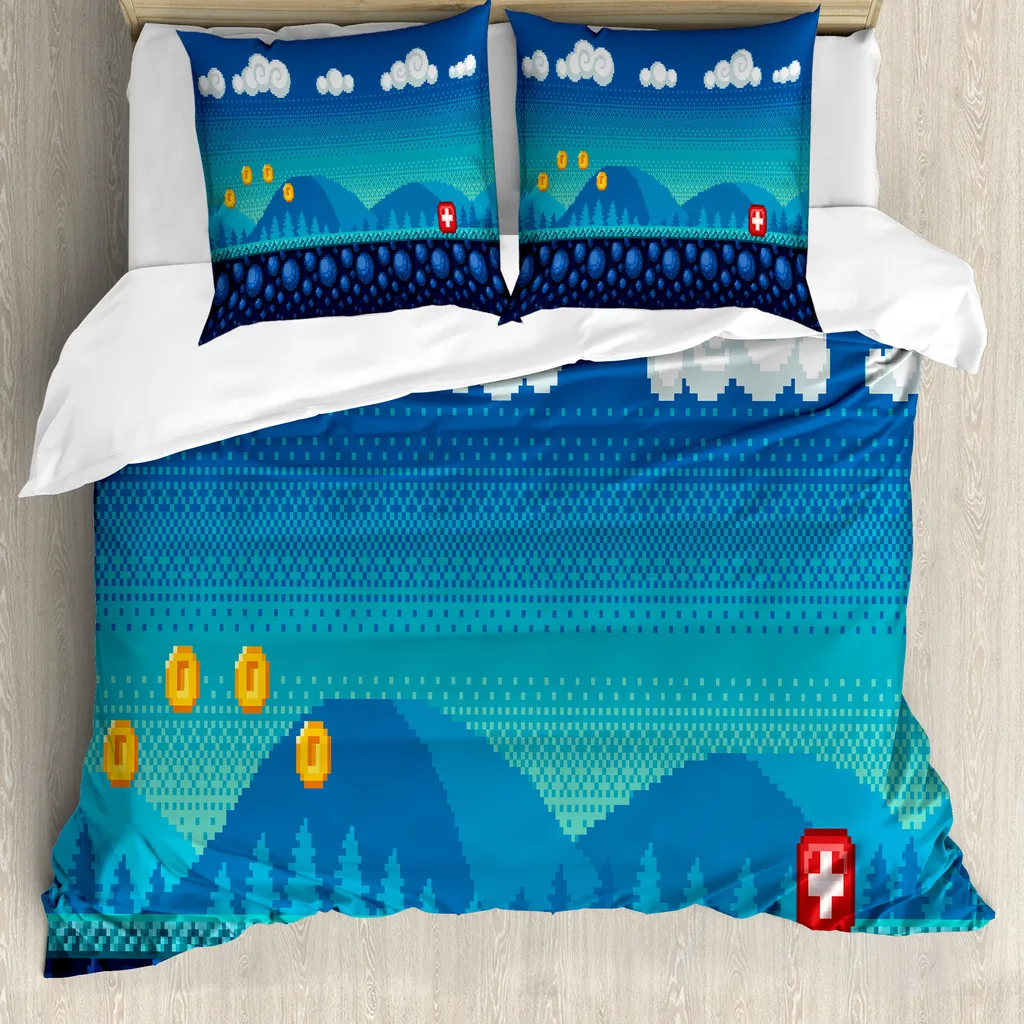 Housse de couette pour lit simple déco Gamer 155x220 cm bleu moutarde