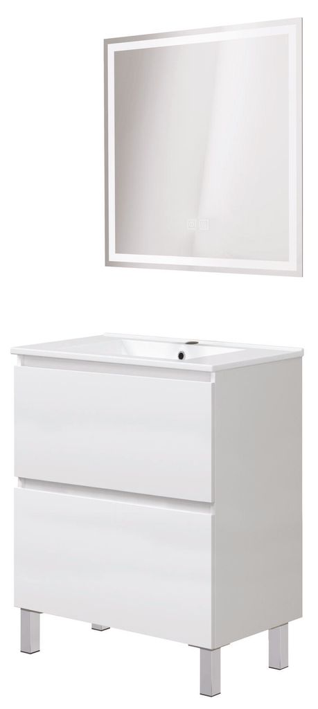 ONDEE ZEN – LILA Bad-Aufsatzmöbel – 60 cm – 2 Schubladen – Weiß – LAURA LED-Spiegel