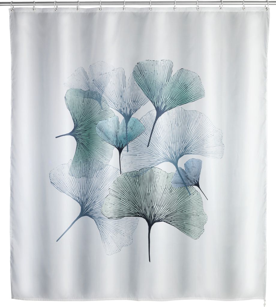 A shower curtain with a pattern of Ginkgo leaves.