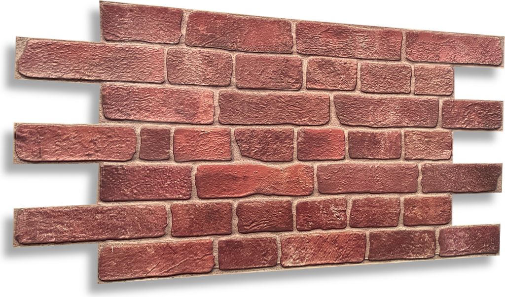 A close-up view of faux brick wall panels.