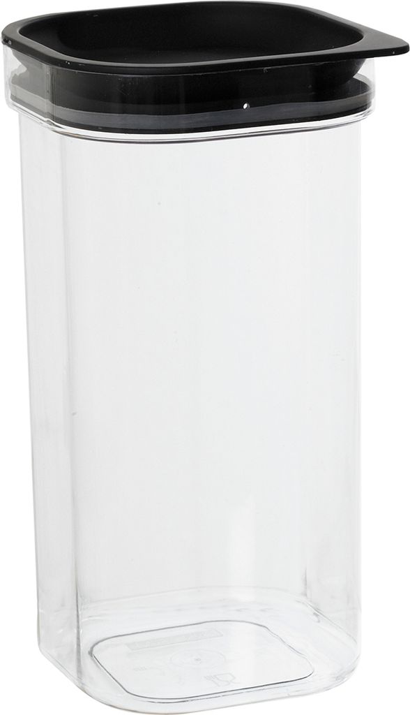 A clear studio shot of a transparent plastic food storage container with a black lid.