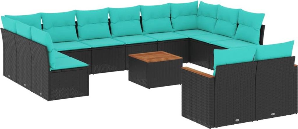 13-teiliges Gartensofa-Set mit Kissen, schwarzes Polyrattan