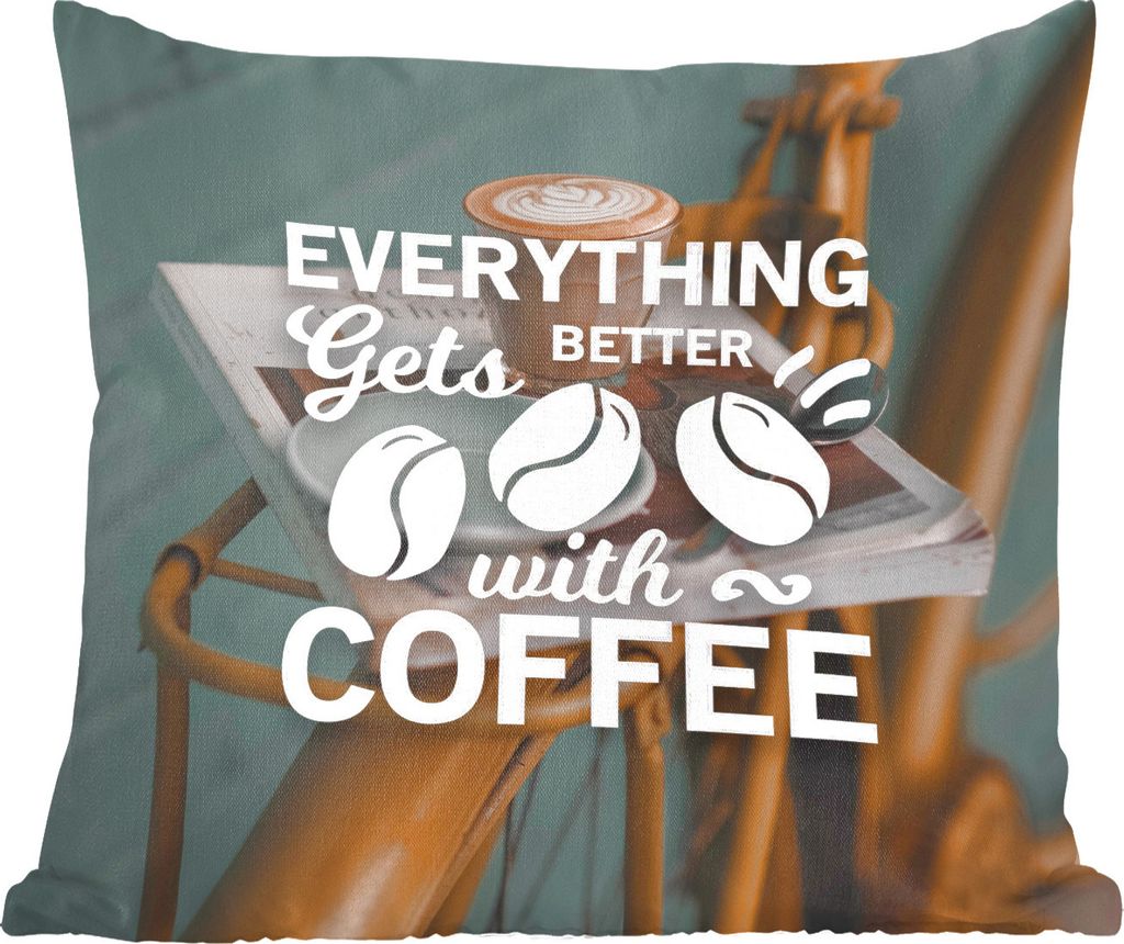 MuchoWow Zierkissen Sofakissen Wohnzimmer Dekokissen 60x60 cm Zitate - Kaffee - Sprichwörter - Mit Kaffee wird alles besser - Sitzfläche - Foto...