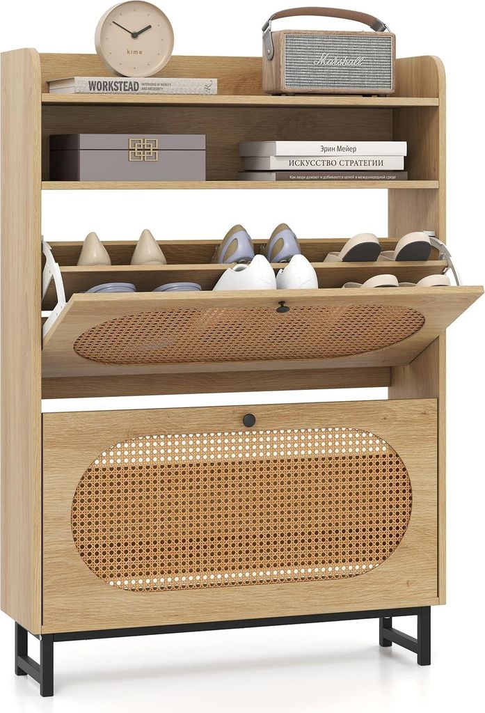 GOPLUS Schuhschrank schmal, Schuhkipper mit offenem Stauraum, 2 Klappen, Rattanoptik, Metallbeinen, Schuhkommode für Flur, Eingang, Wohnzimmer